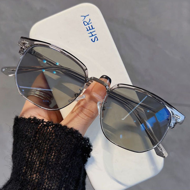 Retro half-rim color changing glasses for myopia