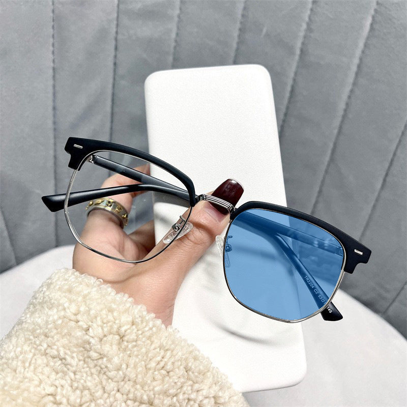 Retro half-rim color changing glasses for myopia