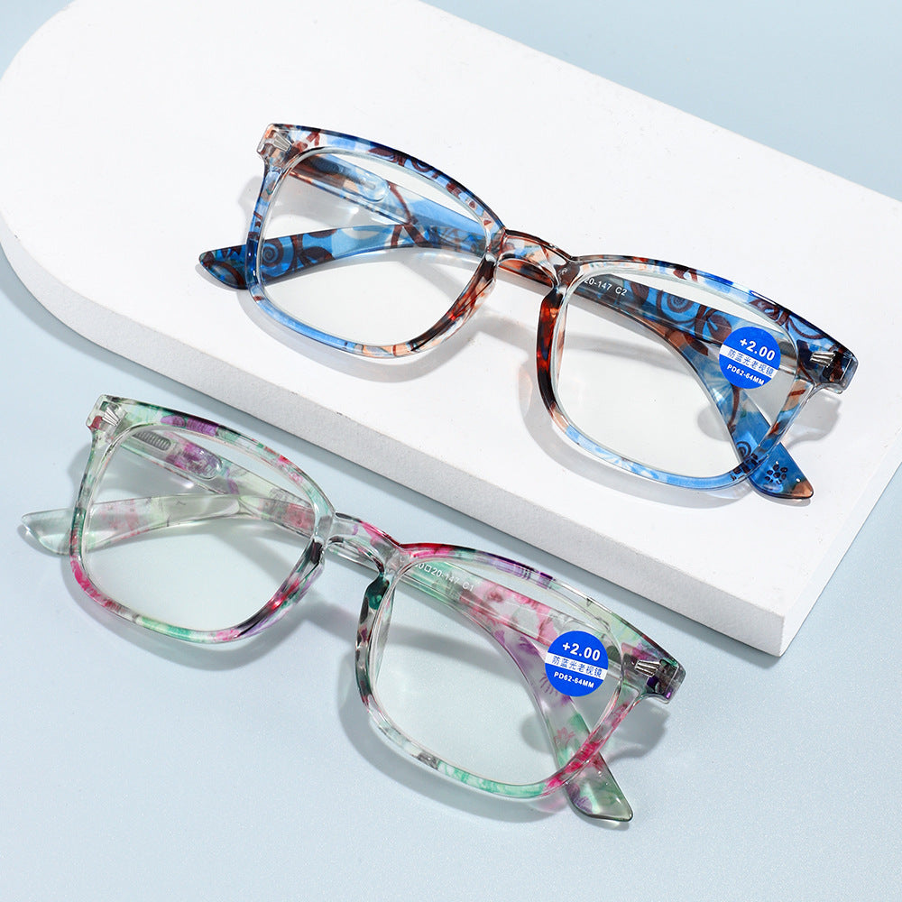 Printed large frame anti-blue light reading glasses