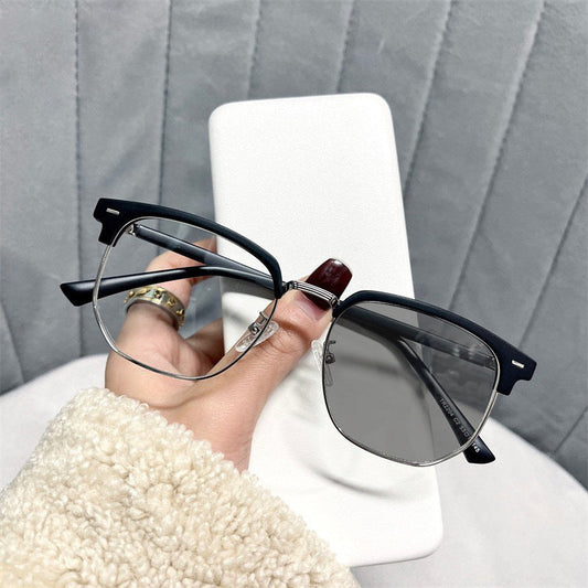 Retro half-rim color changing glasses for myopia