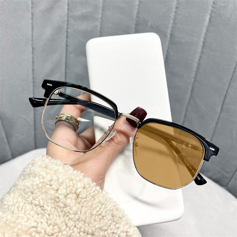 Retro half-rim color changing glasses for myopia