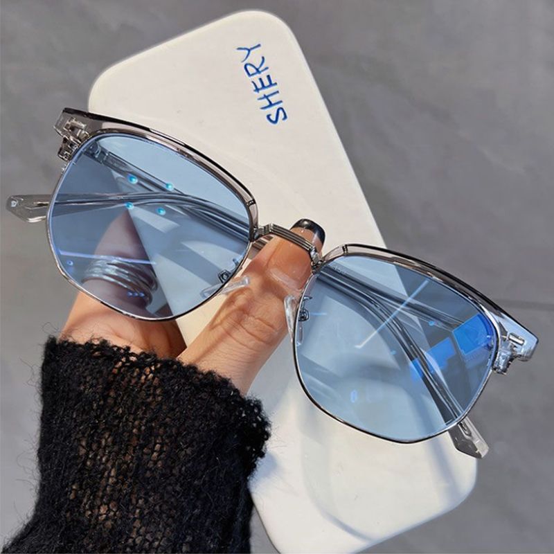 Retro half-rim color changing glasses for myopia