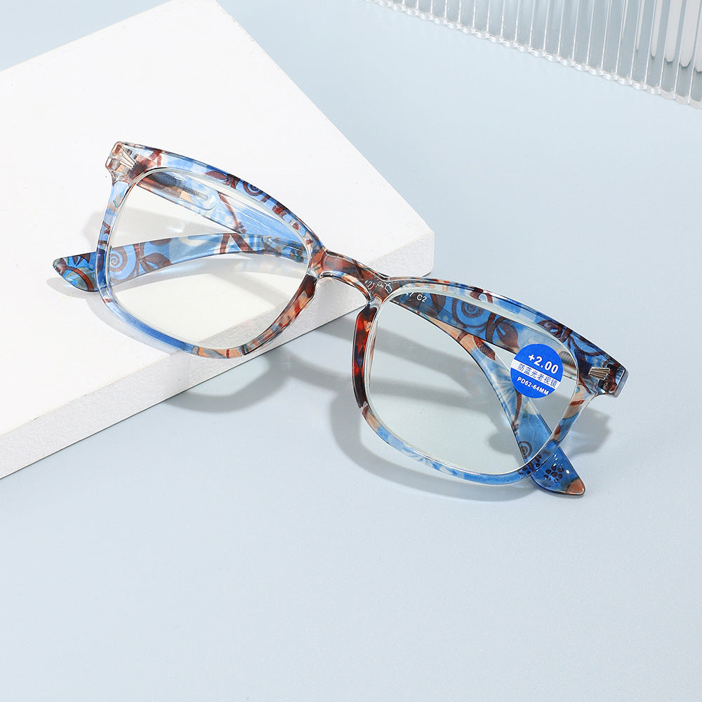 Printed large frame anti-blue light reading glasses