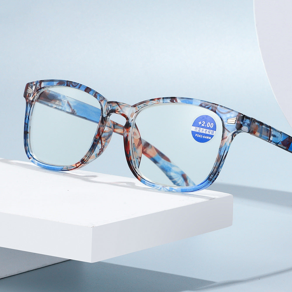 Printed large frame anti-blue light reading glasses
